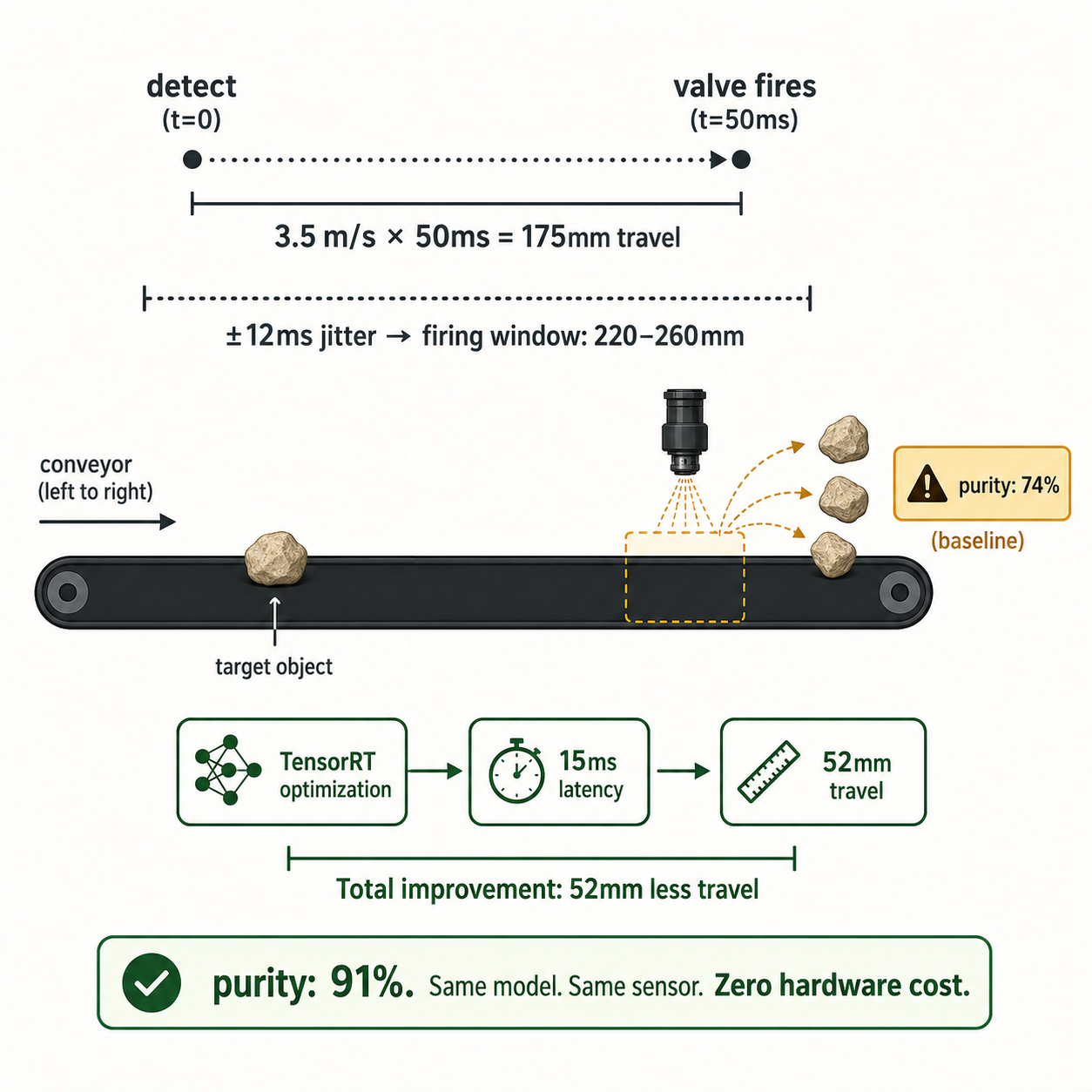 Belt latency math — 175mm at 50ms, 3 objects ejected, corrected to 52mm at 15ms with 74%→91% purity improvement