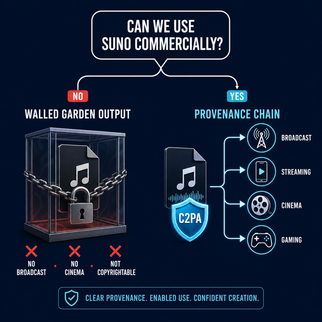 Decision tree showing client question about Suno commercial use branching into walled-garden path (blocked) vs provenance-chain path (ships everywhere)