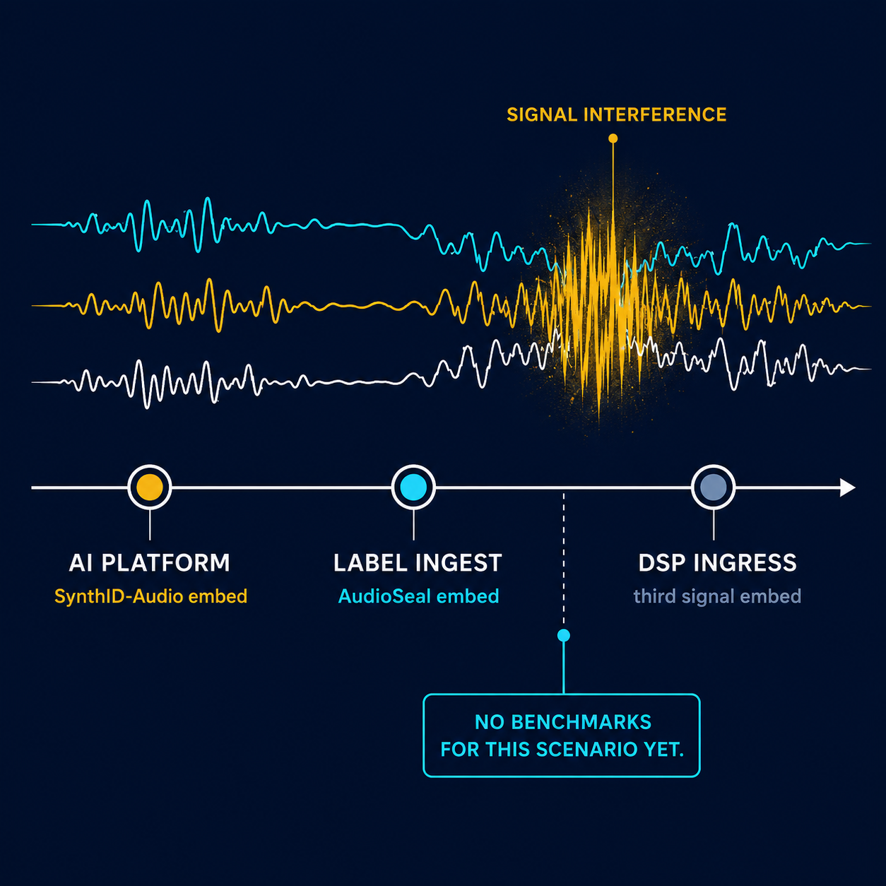Multi-watermark interference diagram showing SynthID-Audio, AudioSeal, and third DSP watermark signals stacking through pipeline stages with collision marker and no-benchmark callout
