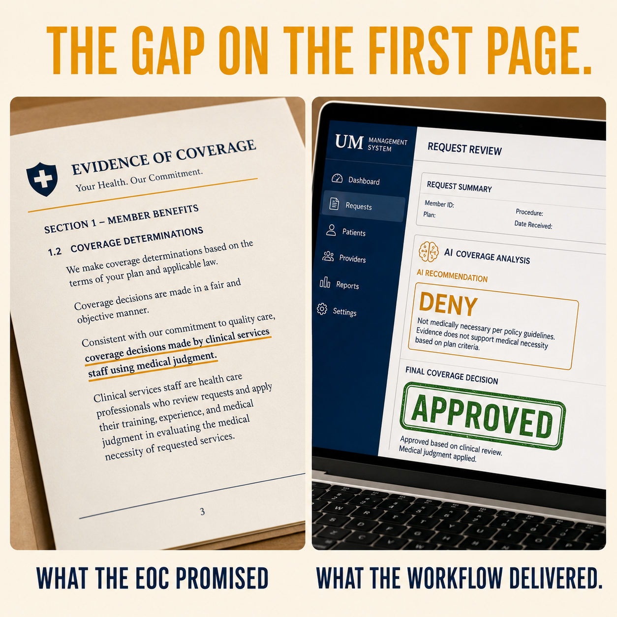 Two-panel scene: printed EOC document showing medical judgment promise beside laptop screen showing AI-generated UM denial — the gap identified in a compliance conversation