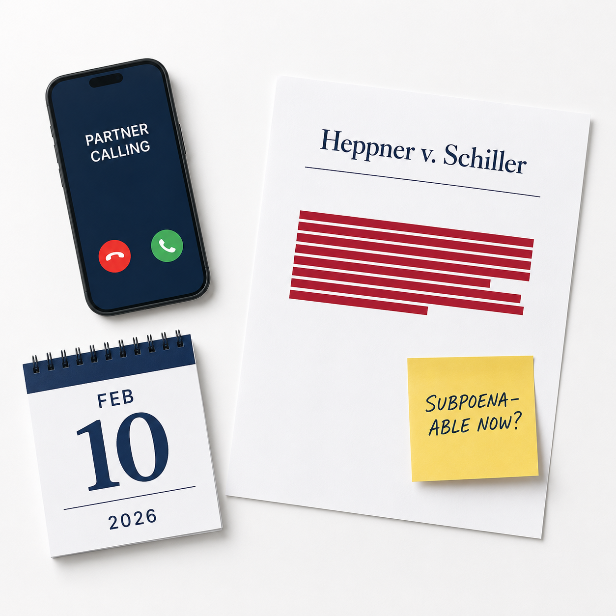 Desk scene: PARTNER CALLING phone, FEB 10 2026 calendar, Heppner v. Schiller ruling with highlighted privilege paragraph, sticky note: IS THIS NOW SUBPOENA-ABLE?
