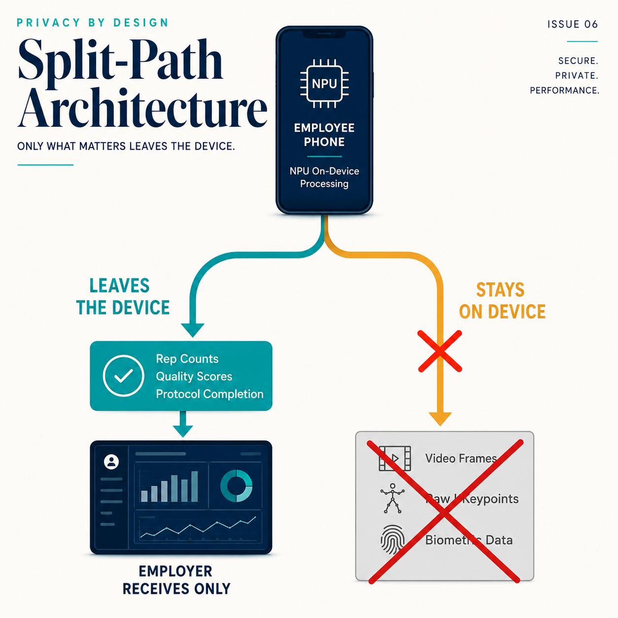Privacy-first on-device inference: phone processes movement data locally, only rep counts and quality scores transmitted — no video or keypoints leave device