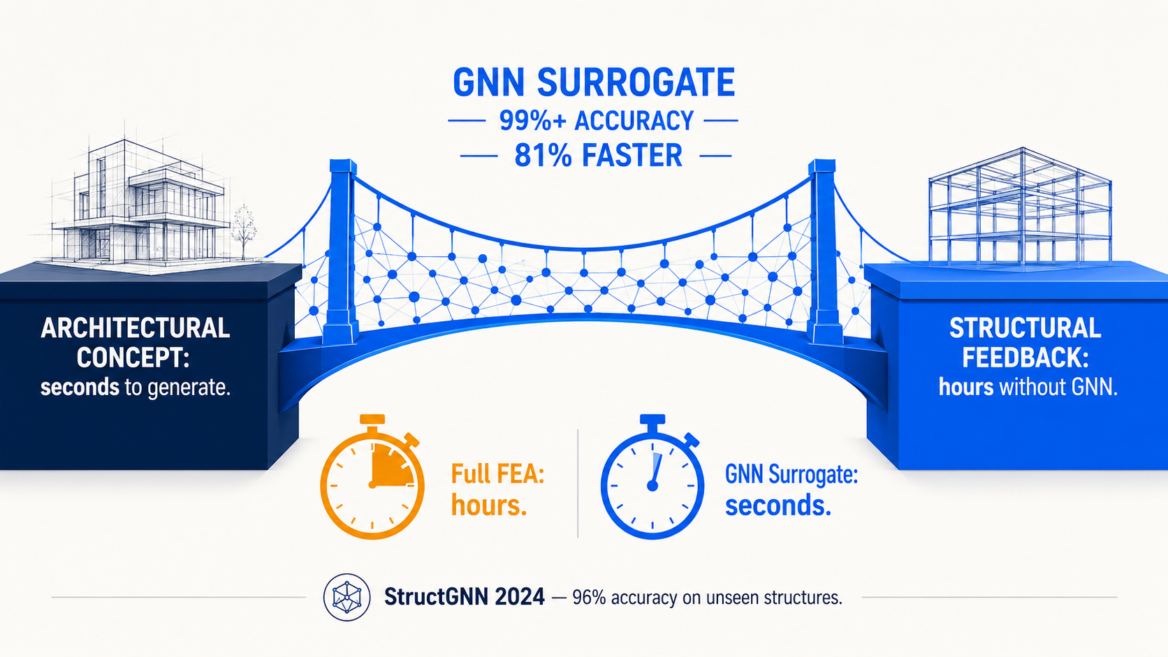 Bridge diagram showing GNN surrogate spanning the gap between architectural concept and instant structural feedback, 99% accuracy at 81% speed gain.