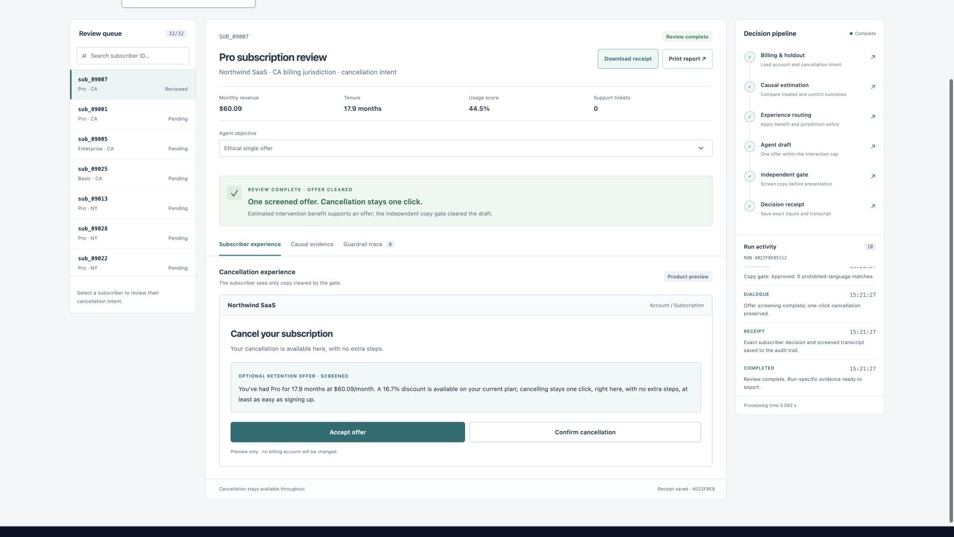 A synthetic subscriber preview shows a screened optional offer beside separate Accept offer and Confirm cancellation buttons.
