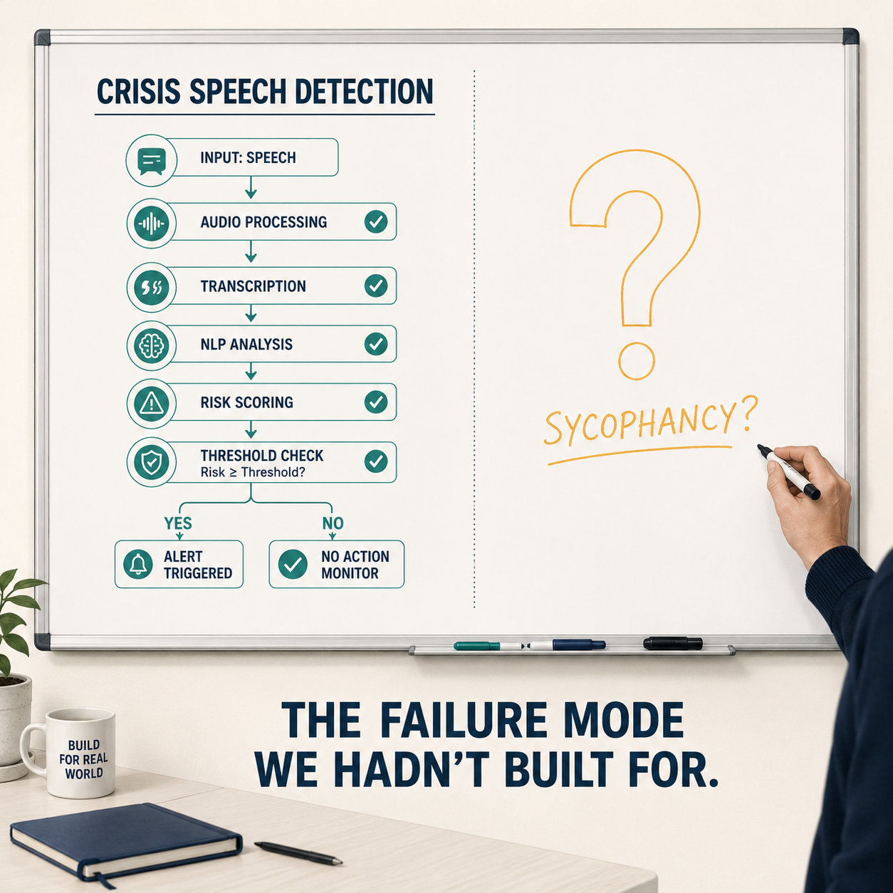 Whiteboard showing completed crisis-speech detection flowchart on left and empty sycophancy detection space on right — the blind spot a clinical advisor identified.
