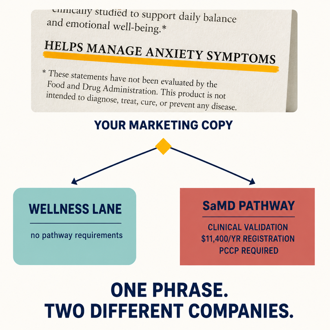 Branching diagram showing the phrase 'helps manage anxiety symptoms' triggering FDA SaMD classification with clinical validation, registration, and PCCP requirements.