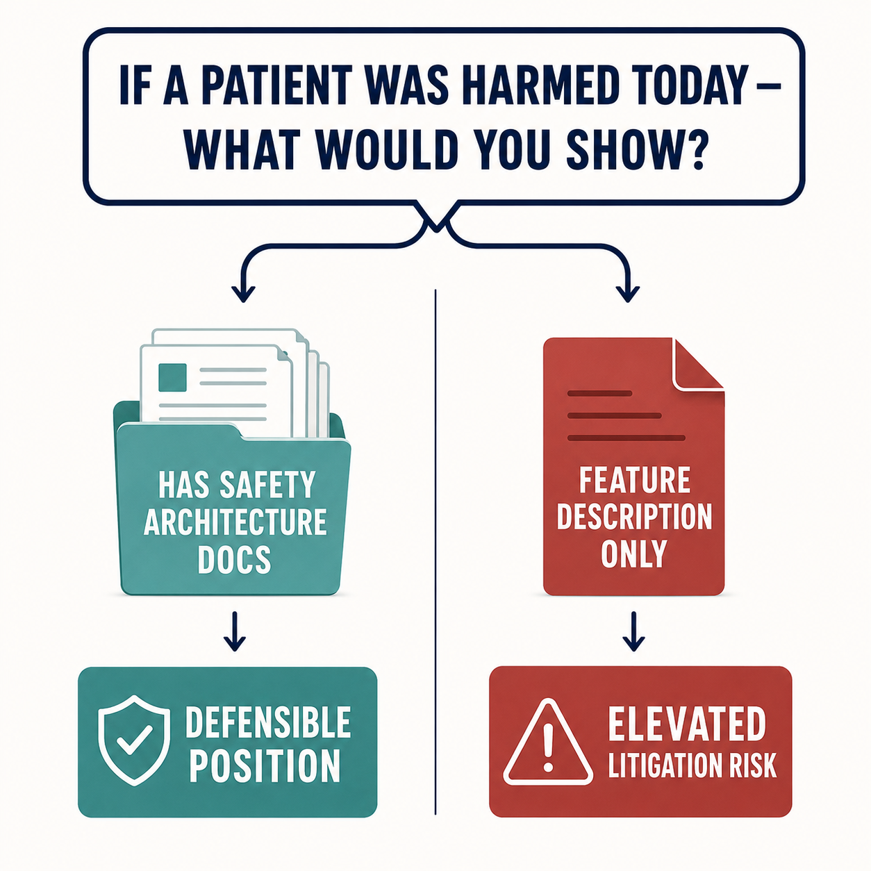 Decision-tree infographic showing the diagnostic question — platforms with safety architecture documentation reach a defensible position, those with feature descriptions only face elevated litigation risk.