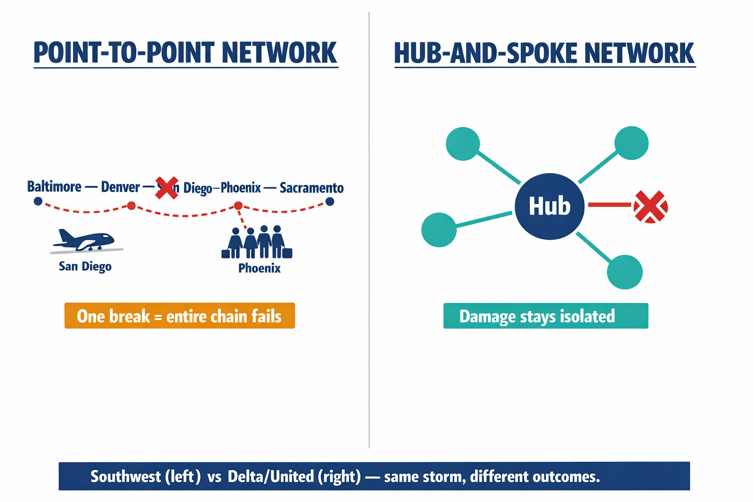 Side-by-side comparison diagram showing how point-to-point vs hub-and-spoke airline networks respond differently when a single node (Denver) is disrupted.