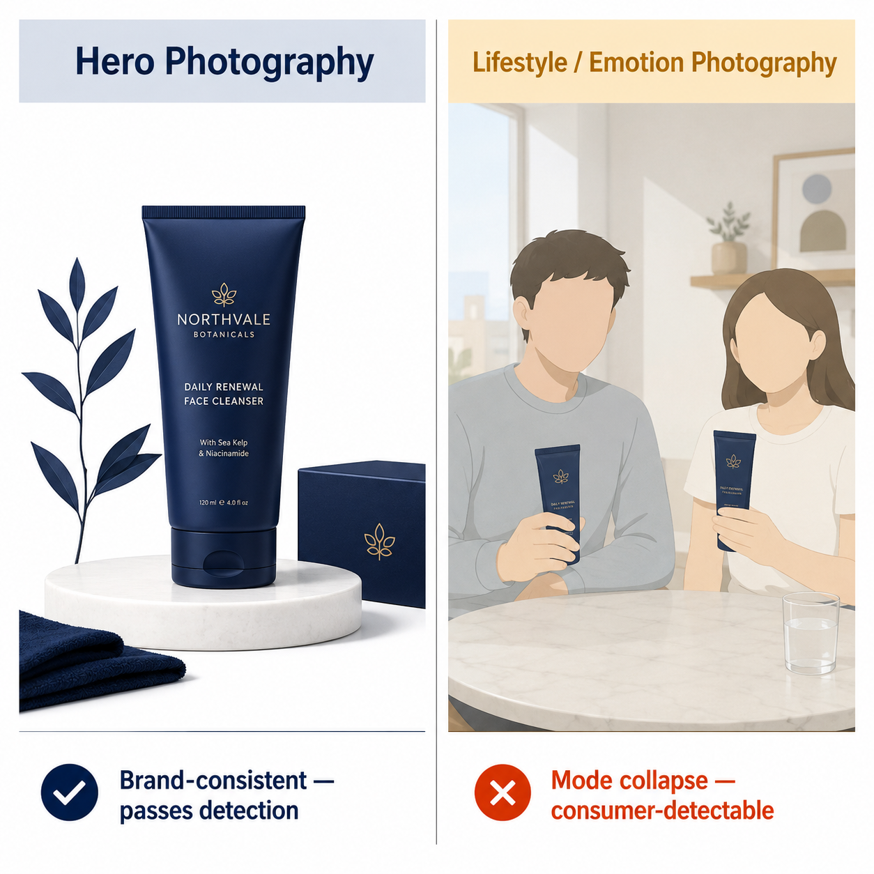 Side-by-side comparison showing strong hero photography AI output versus obvious mode collapse on lifestyle/emotion content