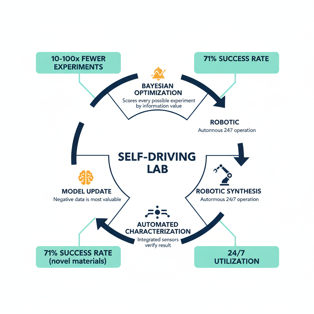 Diagram of the closed-loop self-driving lab cycle: AI prediction via Bayesian optimization, robotic synthesis, sensor characterization, feedback into model retraining.