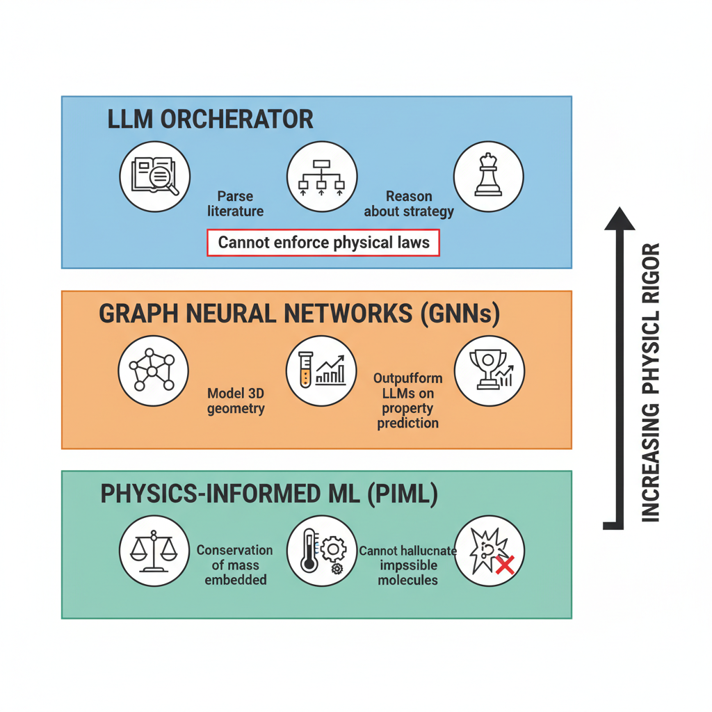 Infographic comparing the AI architecture layers: LLMs as orchestrators vs GNNs for molecular design vs PIML for physics constraints, showing what each layer handles.