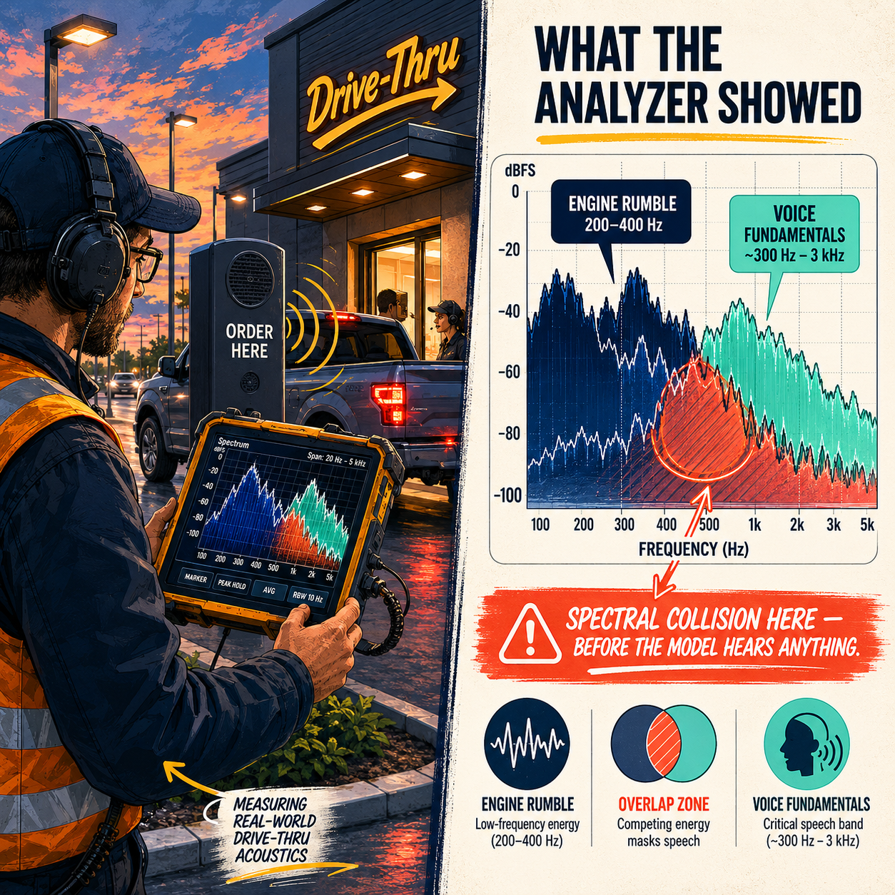 Engineer at drive-thru speaker post with spectrum analyzer showing engine rumble overlapping voice fundamentals — the acoustic problem before the AI model hears a word