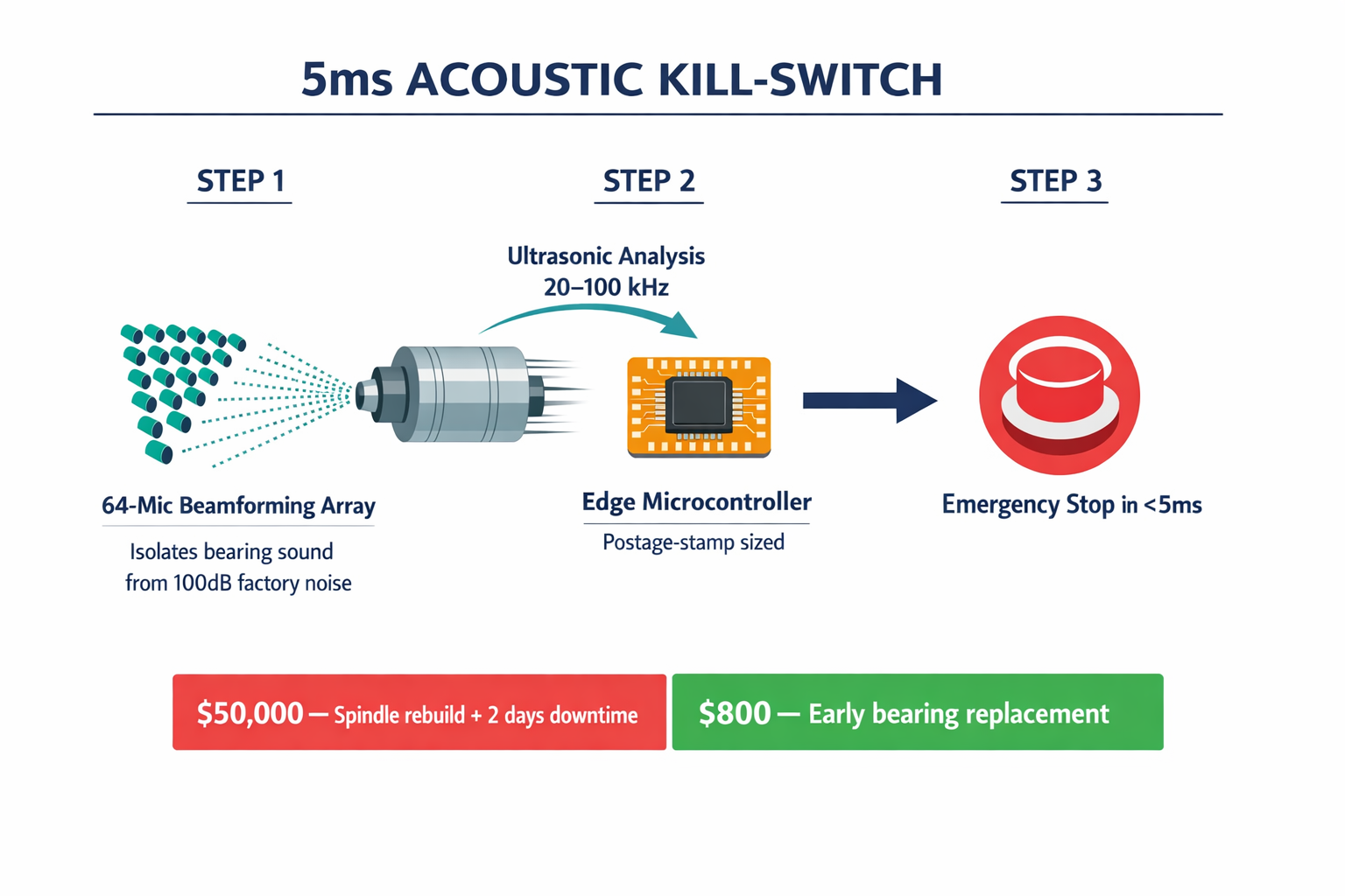 A labeled diagram showing how the acoustic kill-switch system works — from microphone array to beamforming to ML inference to emergency stop, with the key timing and cost comparison.