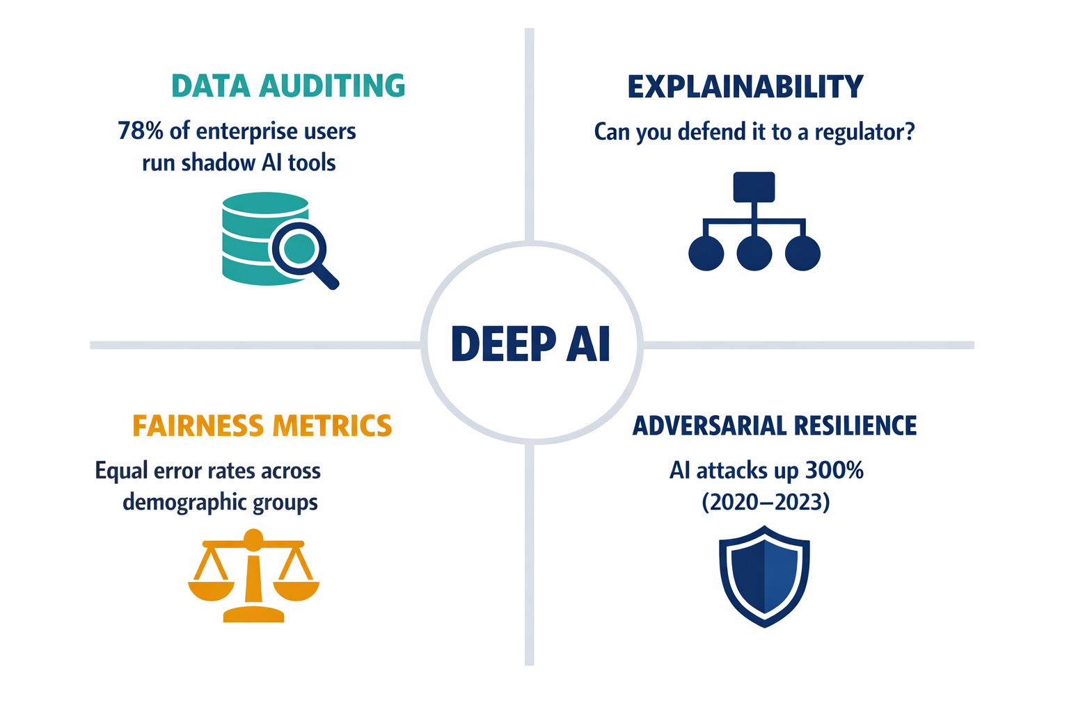 A labeled four-quadrant diagram showing the four properties of deep AI — data auditing, explainability, mathematical fairness, and adversarial resilience — with specific metrics from the article.