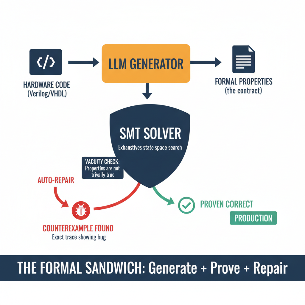 Diagram showing the Formal Sandwich architecture: LLM generates both code and formal properties simultaneously, SMT solver exhaustively verifies, counterexamples feed back for repair.
