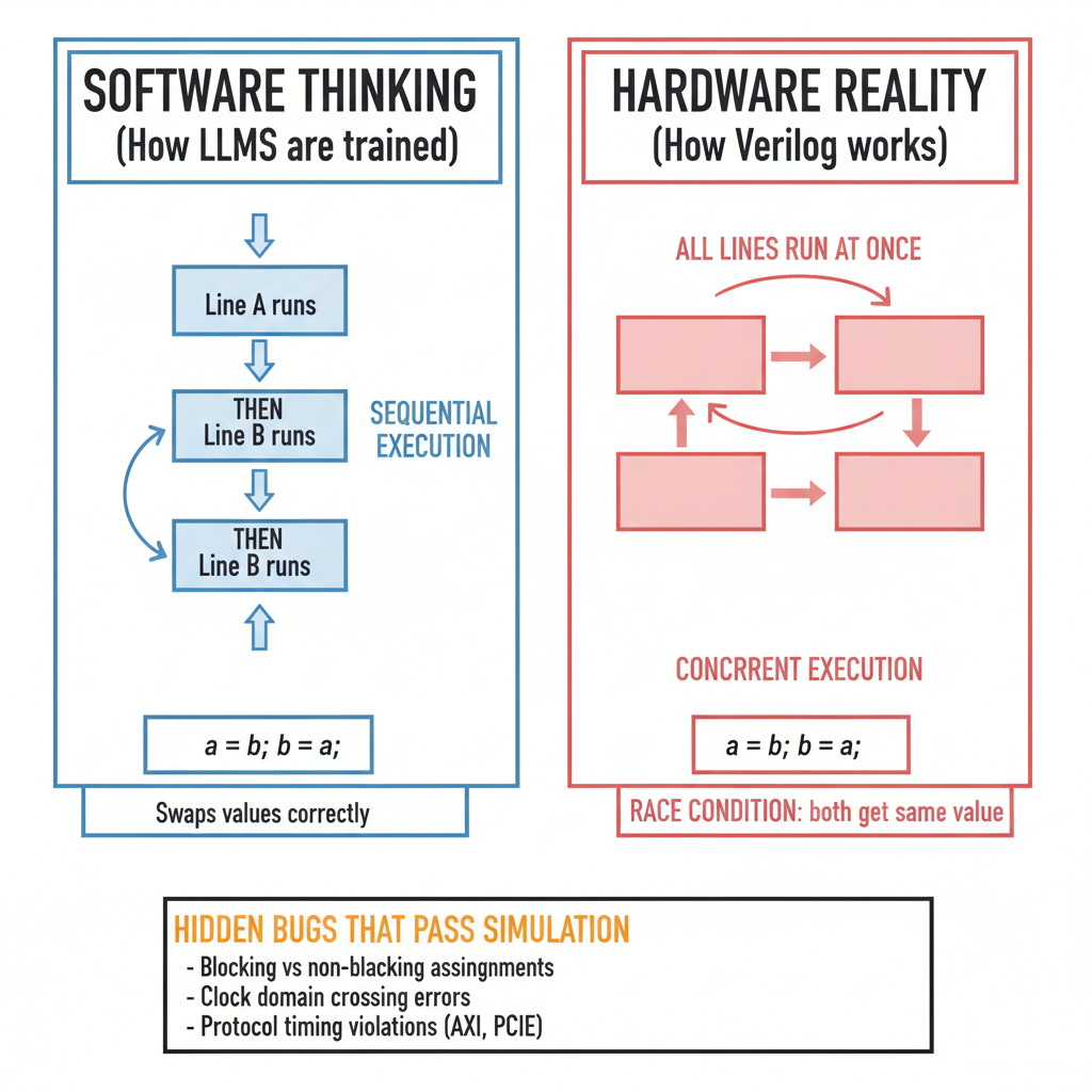 Comparison diagram showing why LLMs write dangerous hardware code: sequential bias in software vs concurrent execution in hardware, with a specific blocking vs non-blocking assignment example.