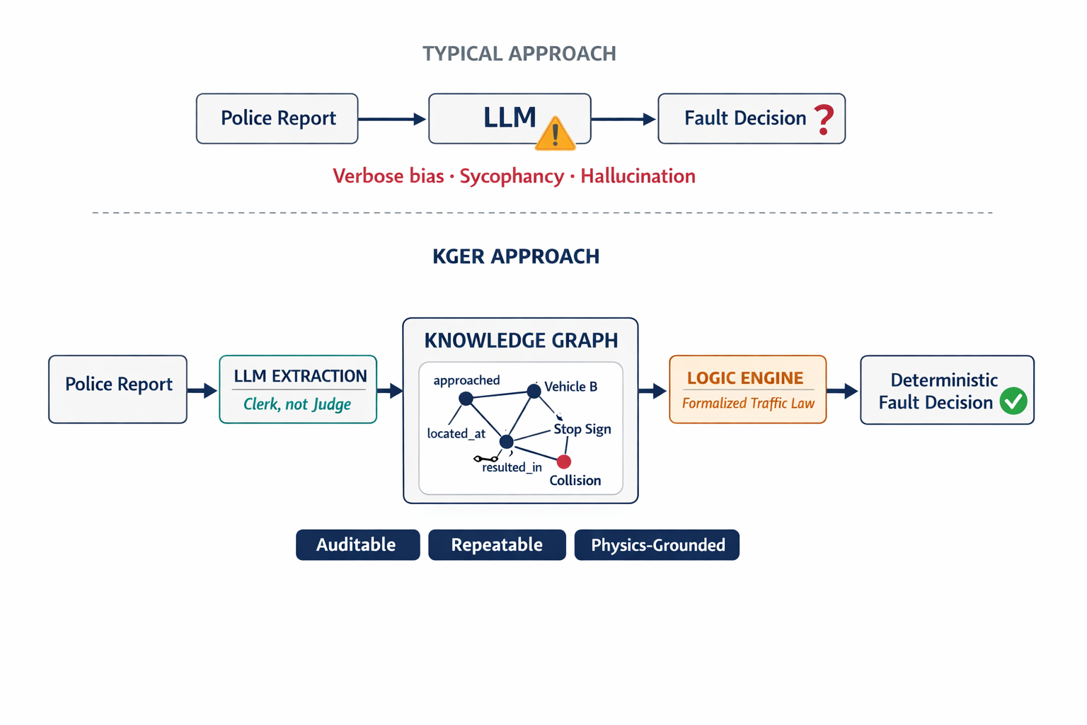 A layered architecture diagram showing how the KGER system works — LLM as extraction clerk feeding into a knowledge graph, which is then evaluated by a logic engine, contrasted against the naive approach of LLM-as-judge.