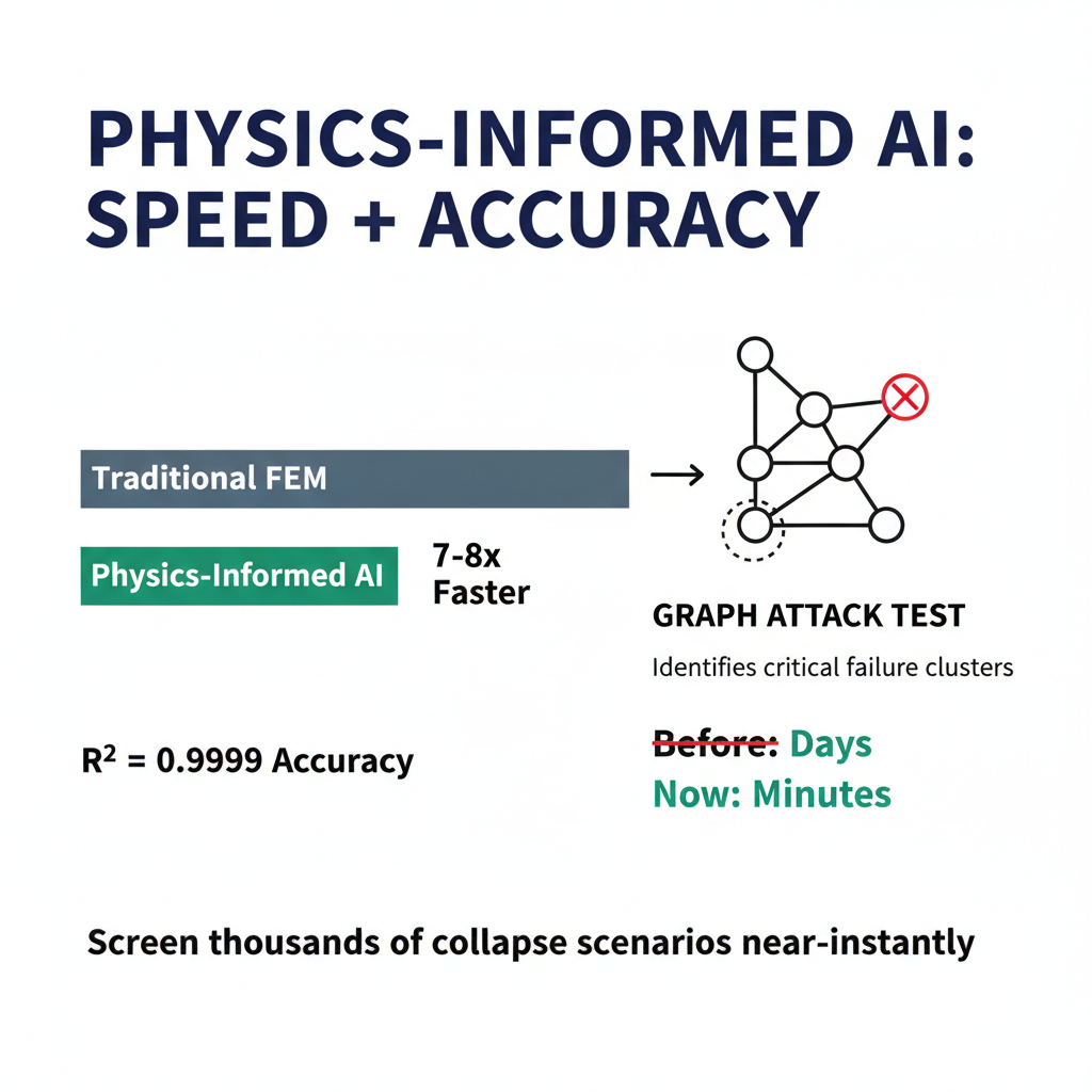 Performance comparison showing Physics-Informed AI speedup over traditional FEM, with the graph attack robustness screening concept.