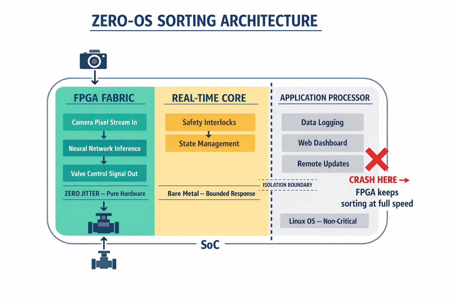 A labeled architecture diagram showing the three-zone chip design (FPGA fabric, real-time core, Linux application processor) and how data flows from camera to valve actuation, isolated from non-critical reporting.