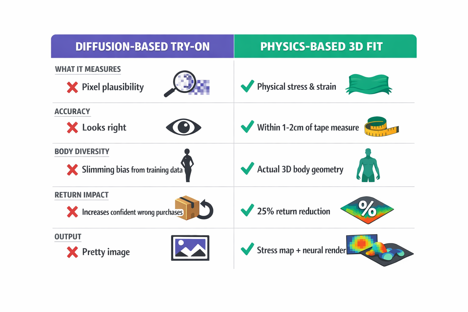 Infographic comparing generative AI try-on vs physics-based approach across key metrics: accuracy, return impact, IP ownership, and what it actually measures.