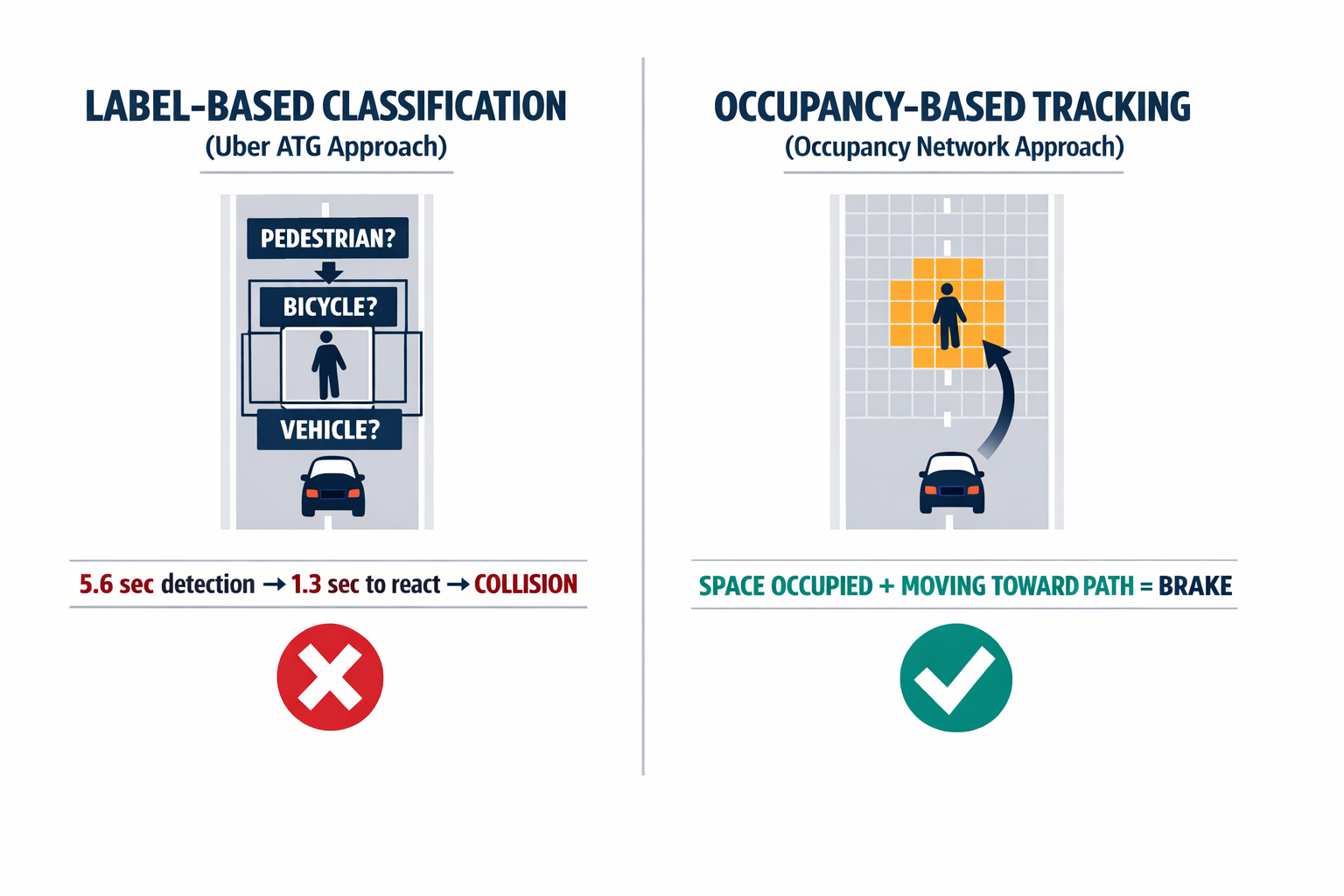 A comparison diagram showing the critical difference between label-based object classification (which caused the Uber crash) versus occupancy-based spatial tracking (the safer approach), making the architectural distinction visually clear.