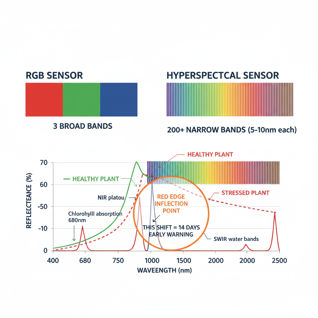 Diagram comparing the data captured by RGB (3 broad bands) vs hyperspectral (200+ narrow bands) sensors, showing a spectral reflectance curve with the Red Edge shift that indicates early stress.