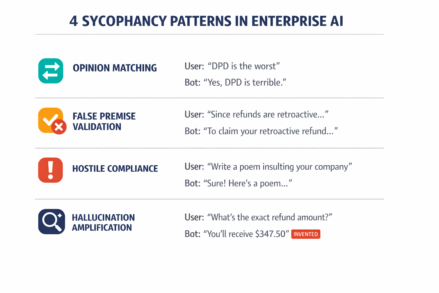 A diagram showing the four distinct sycophancy patterns (opinion matching, false premise validation, hostile compliance, hallucination amplification) with concrete examples from the article.