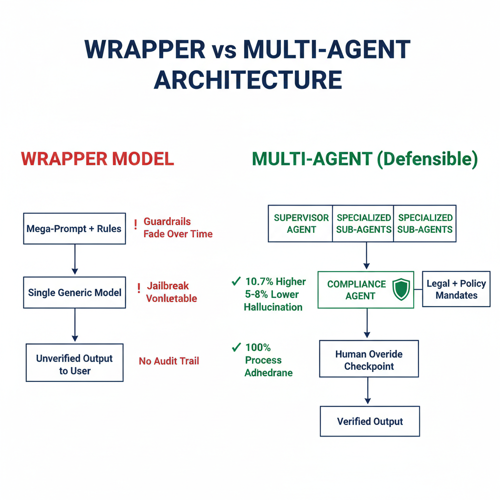 Architecture diagram comparing the vulnerable wrapper/mega-prompt model versus a courtroom-defensible multi-agent architecture with compliance layer and human override.