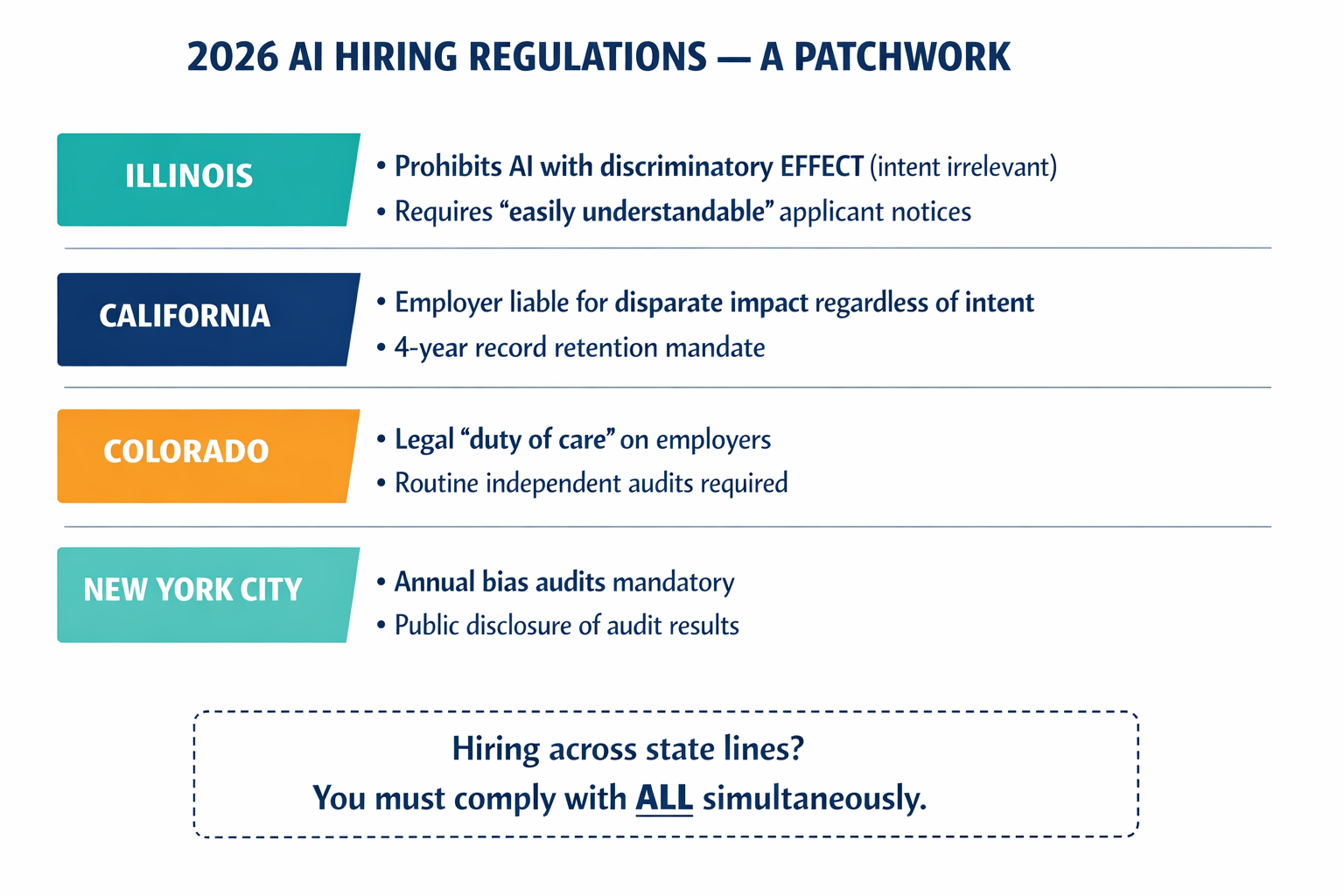 An infographic showing the 2026 state-by-state regulatory patchwork for AI hiring, with each jurisdiction's key requirement clearly labeled, illustrating the simultaneous compliance burden on multi-state employers.