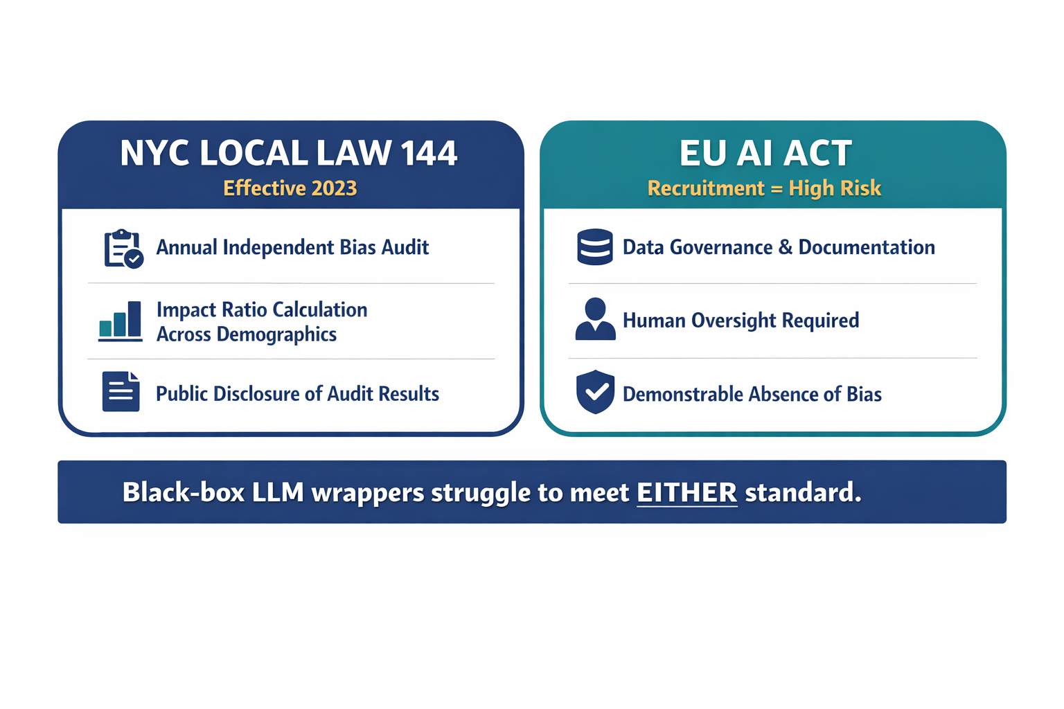 A side-by-side regulatory comparison showing key requirements of NYC Local Law 144 and the EU AI Act as they apply to AI hiring tools, making the compliance landscape scannable at a glance.