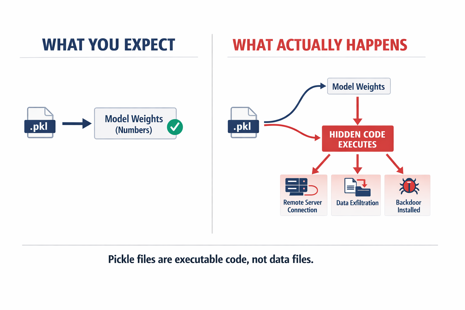 A diagram showing how a pickle file executes hidden code during the model loading process, contrasted with what users expect (just reading data).