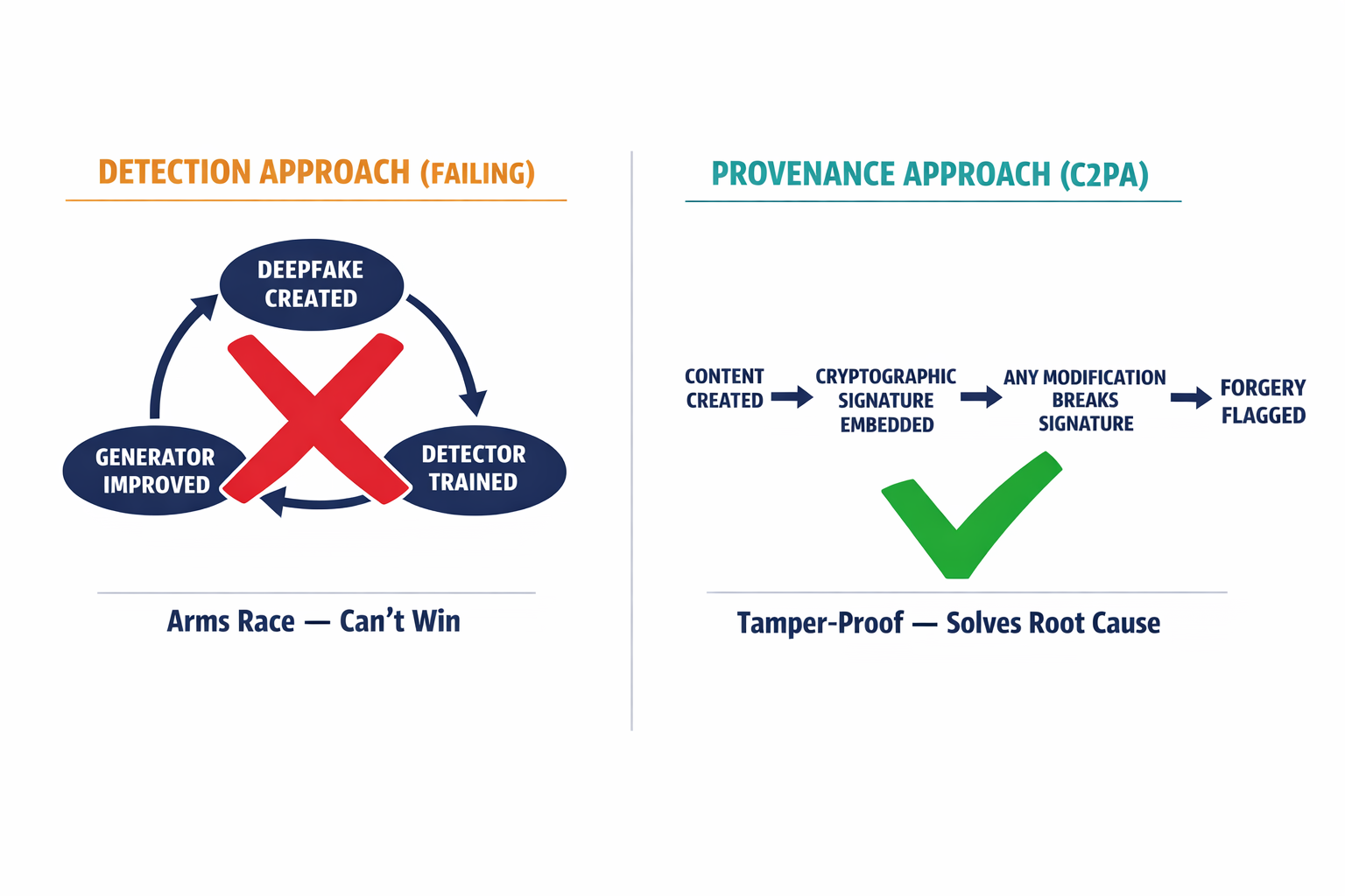 A comparison diagram showing the failing detection approach (arms race loop) versus the provenance approach (cryptographic signing at creation), making the strategic shift immediately clear.