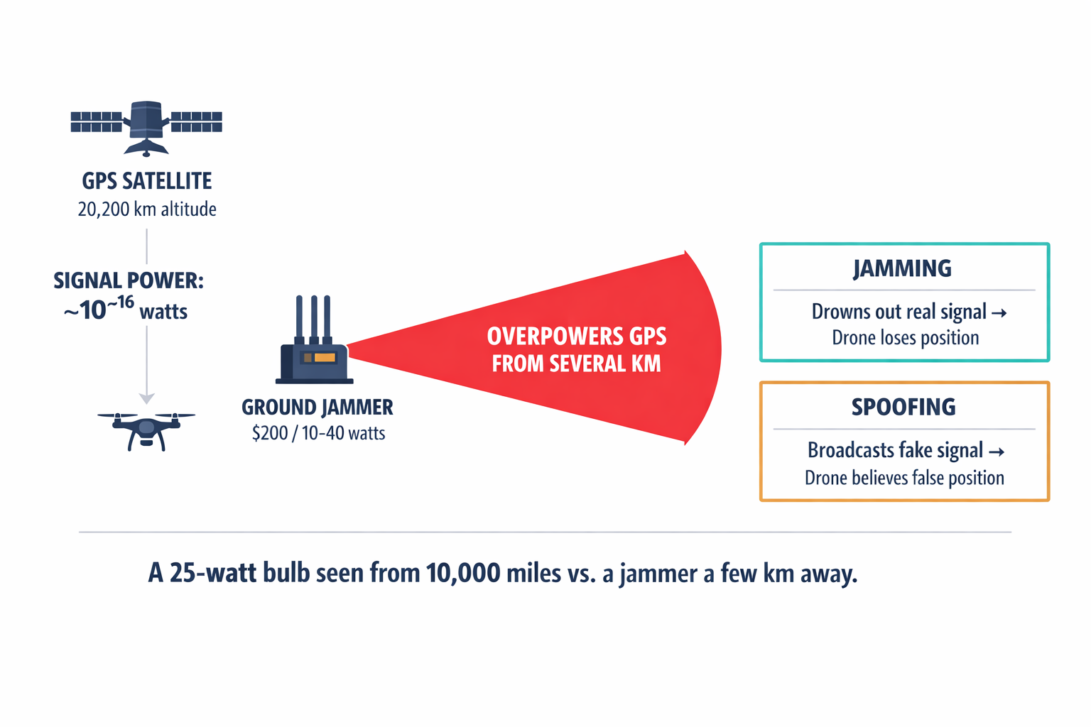 A diagram showing the signal strength disparity between GPS satellites and ground-based jammers, explaining why GPS is so easily defeated.