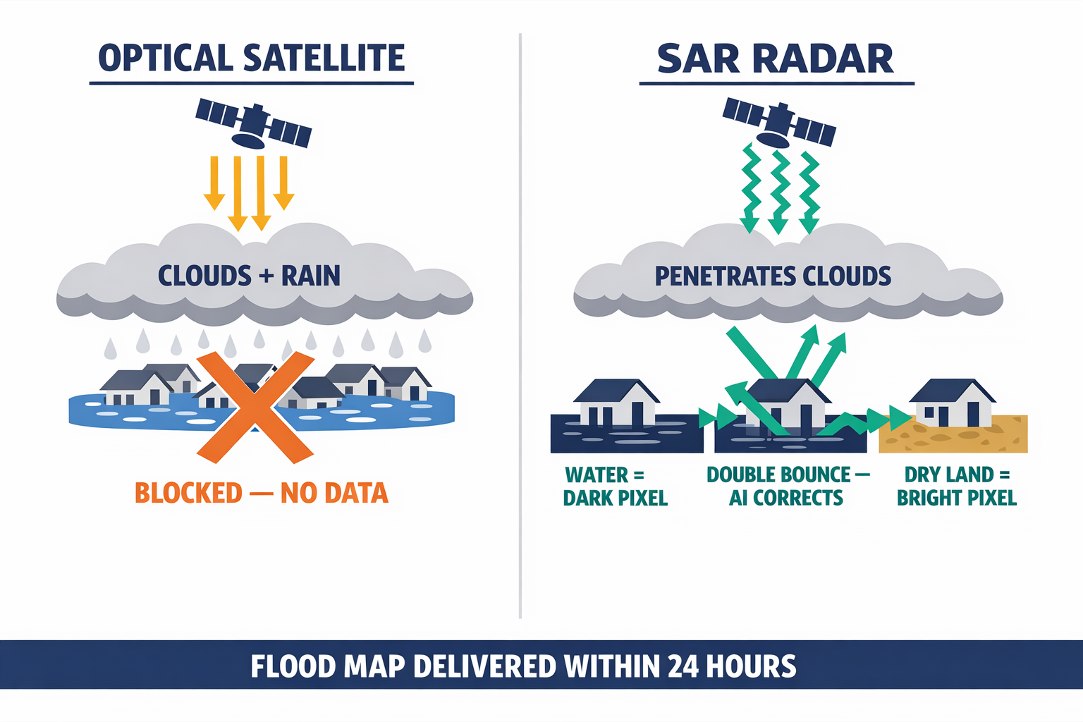 Diagram comparing how optical satellites fail during storms versus how SAR radar penetrates clouds to map flood extent, including the urban double-bounce problem.