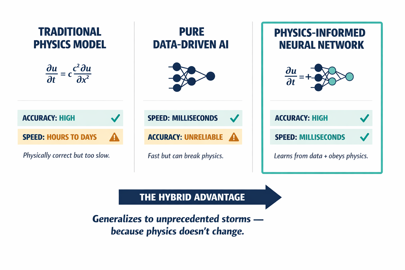Comparison diagram showing three flood modeling approaches — traditional physics simulation, pure data-driven AI, and Physics-Informed Neural Networks — with their tradeoffs.
