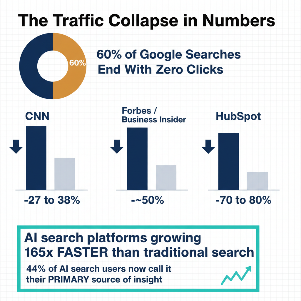 An infographic showing the scale of the traffic collapse — key statistics about zero-click searches, publisher traffic losses, and AI platform growth, laid out for instant comprehension.